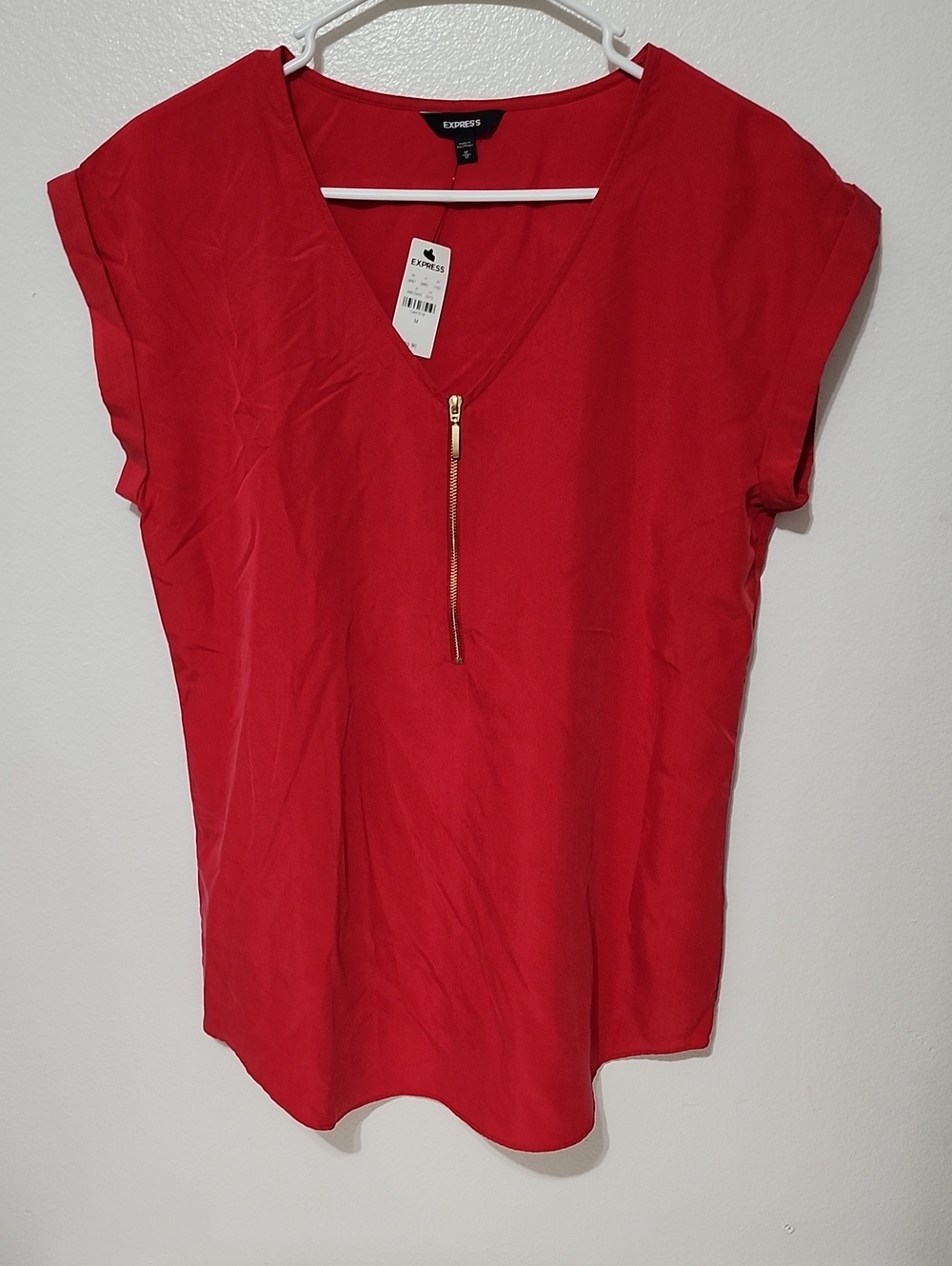 Express Red V-Neck Top with Gold Zip